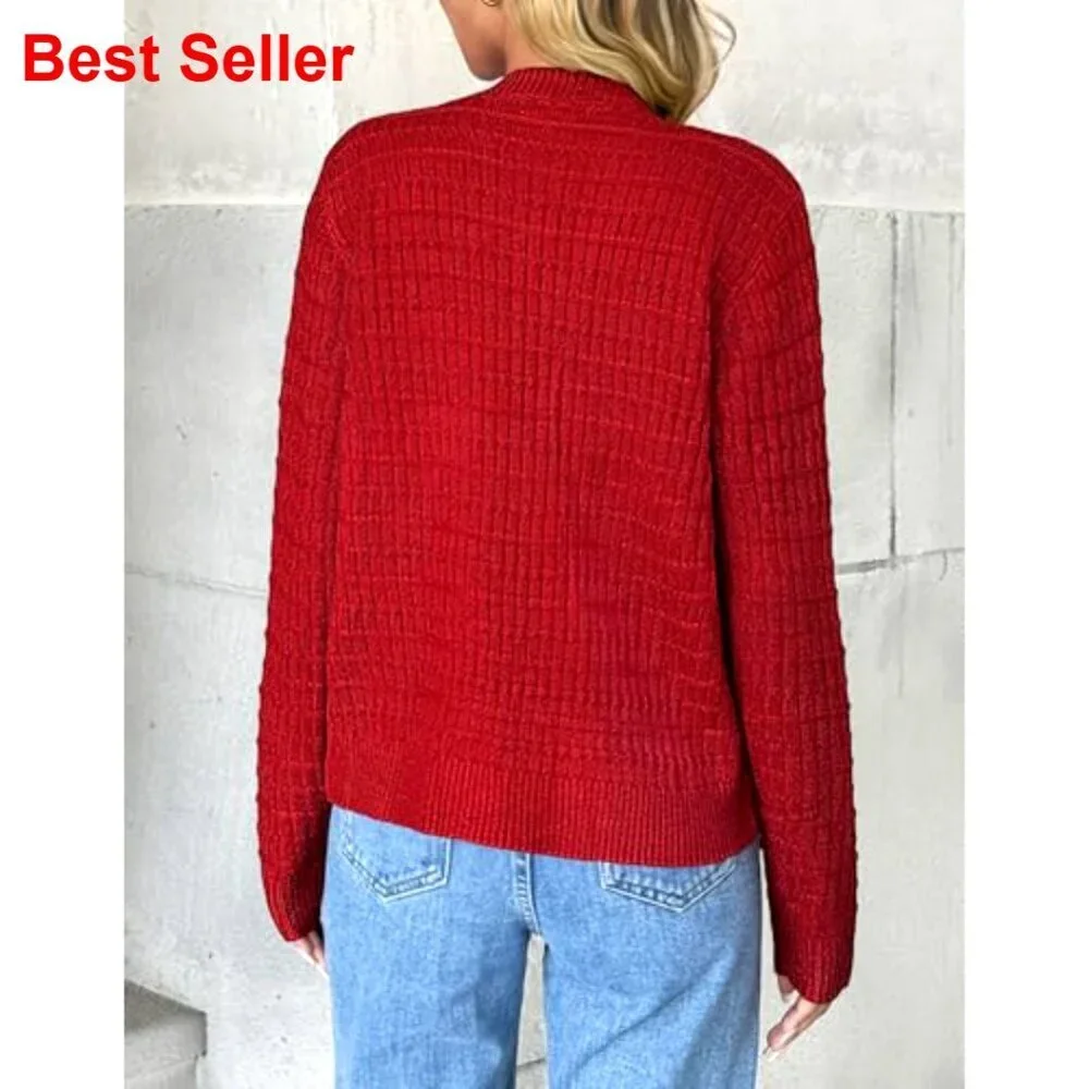 Cropped Cardigan Sweater Open Front Button Down Crew Neck Knit Jacket